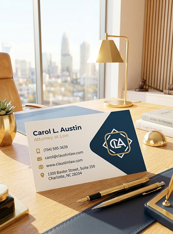 Law firm business card in Charlotte NC – attorney contact details for legal services in Charlotte, North Carolina.